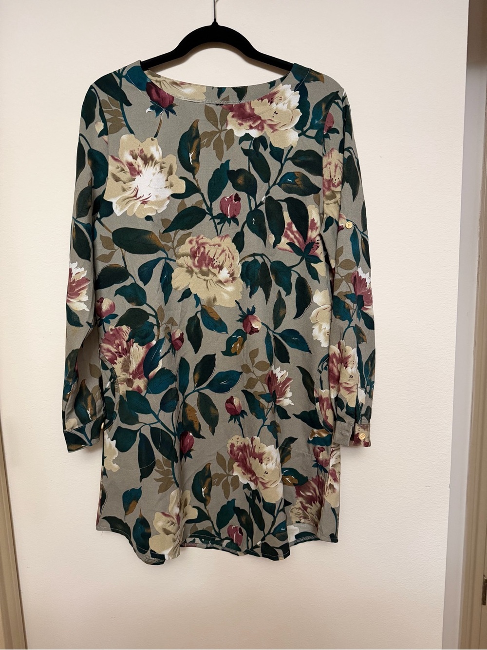 Floral Long Sleeve Tunic - Teal, Cream & Burgundy